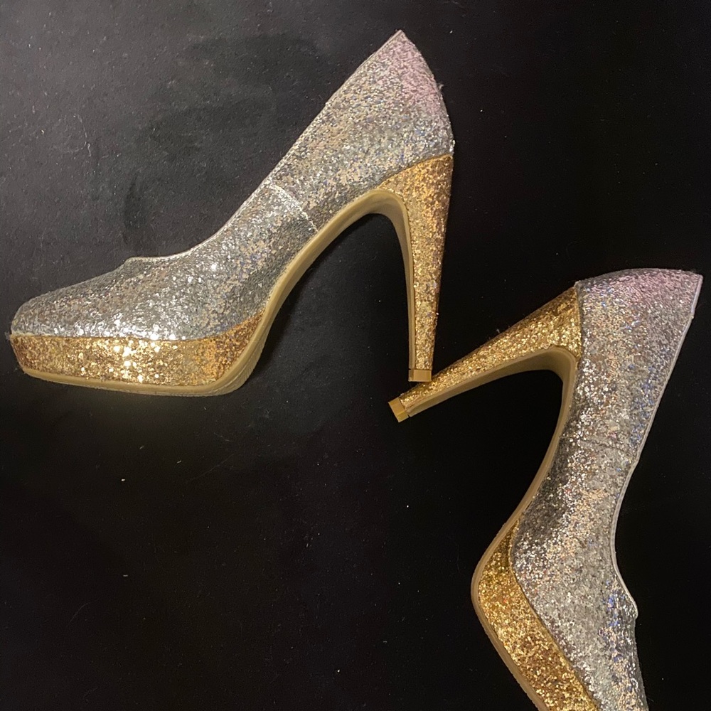 Silver and gold round toe hidden platform heels